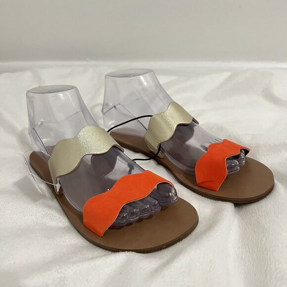 J. Crew Scalloped Slide Flat Sandals Size 6 Orange and Gold Double Strap Metal - Picture 1 of 6